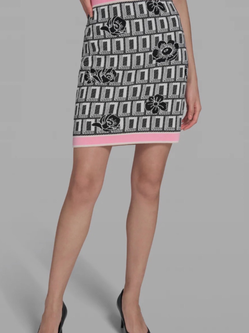 Karl Lagerfeld Black & White Geometric Floral Knit Mini Skirt with Pink Trim